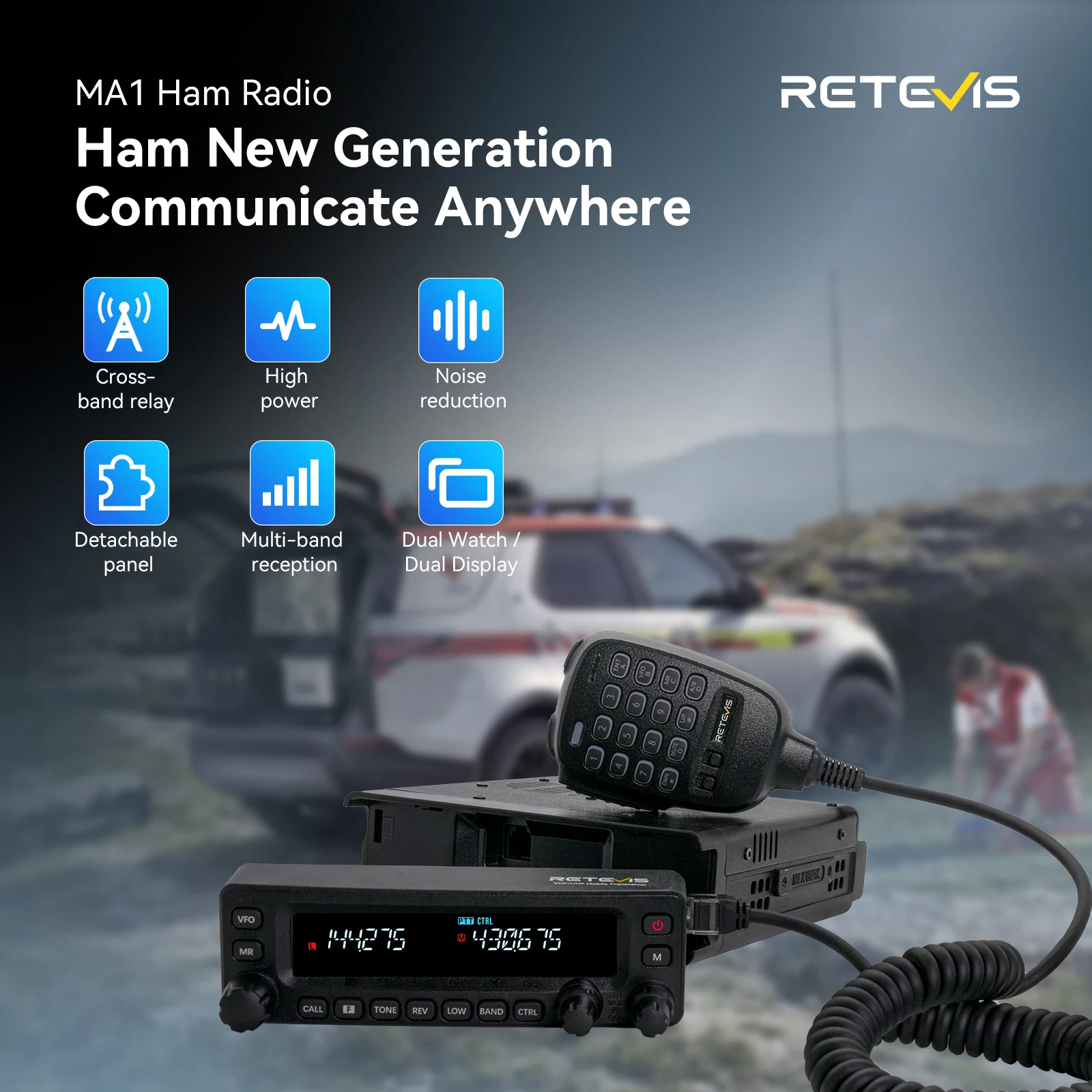 Retevis MA1 Car Radio with Screen 50W VHF UHF Dual Band Ham Radio AM FM Mobile Radio Station Transceiver Multi-band Reception