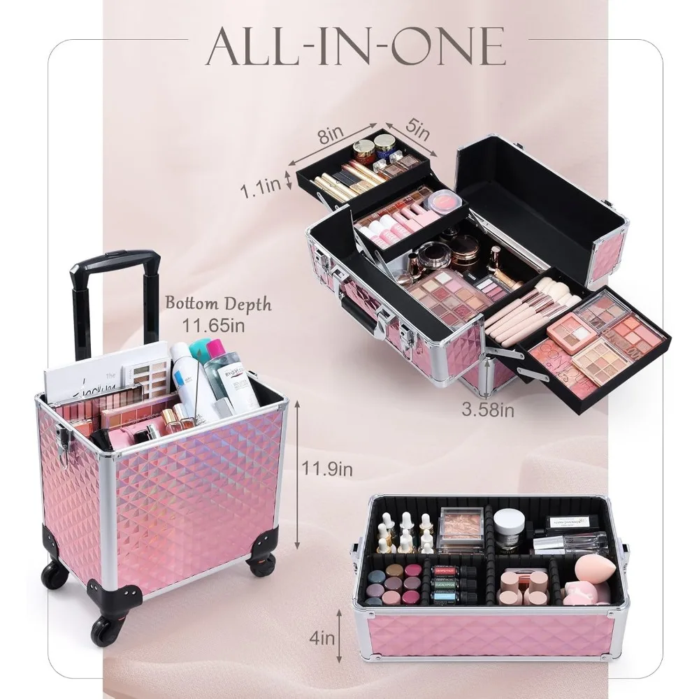 3-in-1 rollender Make-up-Koffer mit 360° °   Räder, Schloss und Rautenmuster – Rosa für Profis