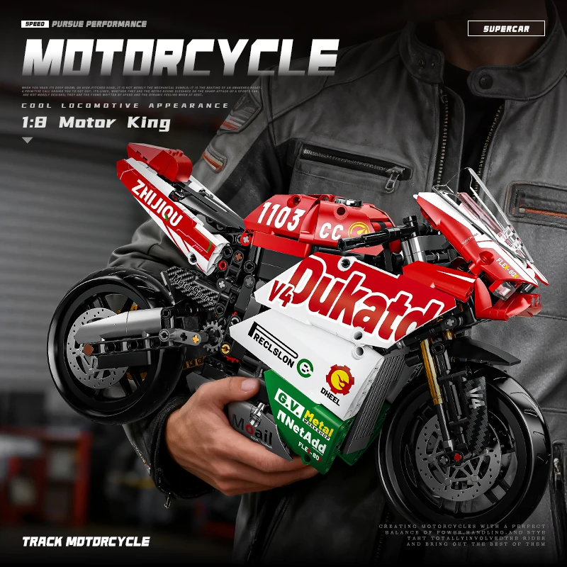1:8 Motorrad-Bausatz, Super-Motorrad-Modellbausatz, Technisches Rennmotorrad, Zusammengebautes Spielzeug für Jungen und Mädchen