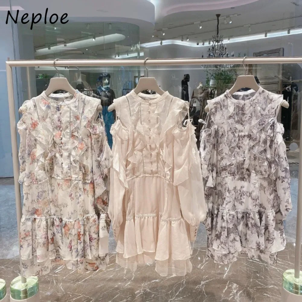 Neploe New O Neck Lantern Sleeve Sweet Vestidos Off Shoulder Print Ruffles Patchwork Robe Japan New Lace Up Slim Fit Dress