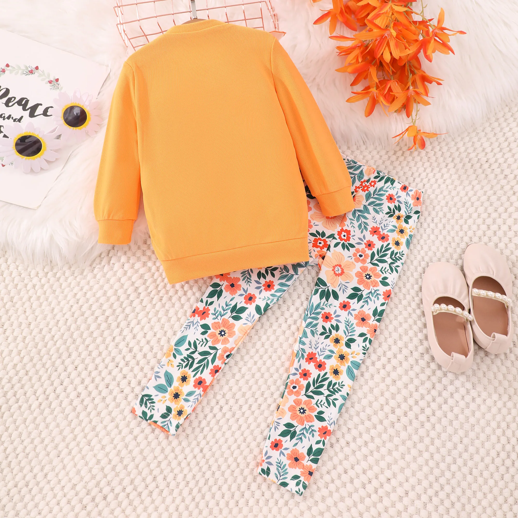 2023 Autumn Winter Casual Children\'s 2-piece Cotton Long Sleeve Round Neck Ruffle Top+Printed Pants Children Set 3 4 5 6 7 Years