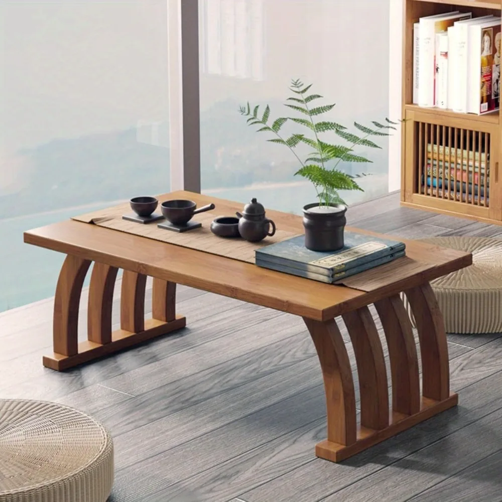 

Japanese Bamboo Floor Table - Small Low Coffee Table with Faux Marble Top, Space-Saving Design for Living Room, Meditation Altar