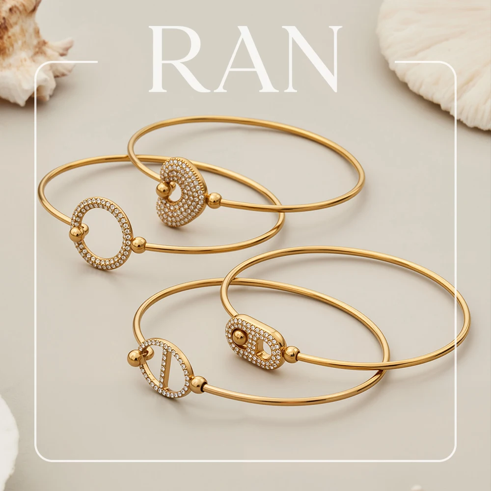 Stainless Steel Open Cuff Bangle Statement 18K Gold Plated Inlaid Zircon Oval Circle Pig Nose Cuff Bracelet Adjustable Bangles