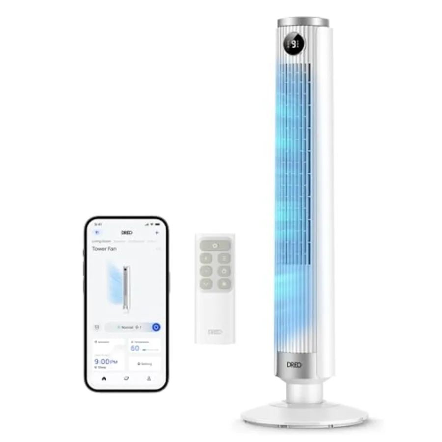 

Smart Tower Fan for Bedroom: White, ABS+PP Material, 40-45 Adjustable Height, 28 ft/s Velocity, DC Motor, 9 Speeds, 4 Modes, 90
