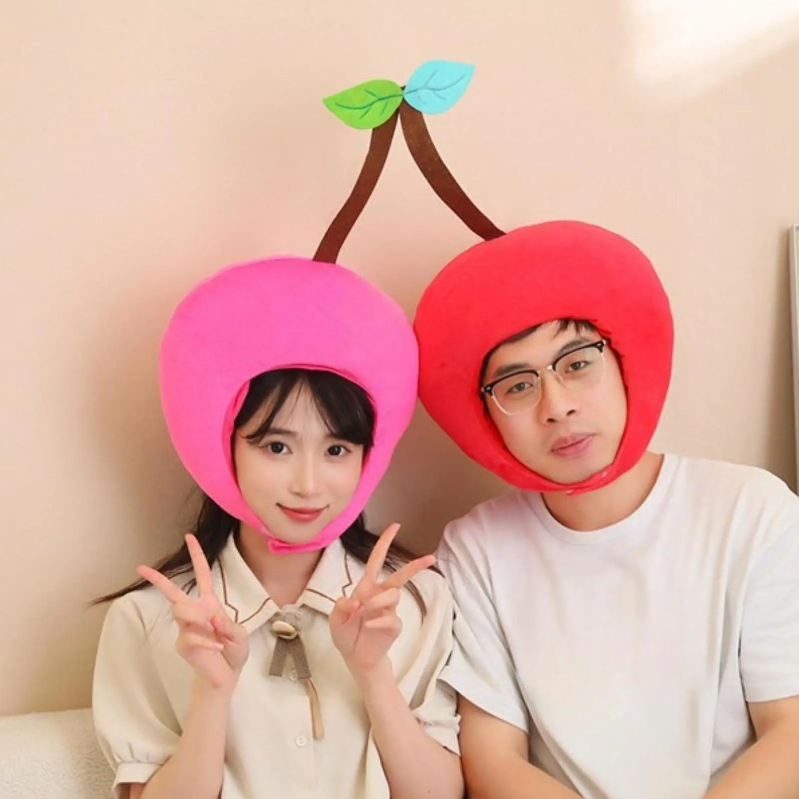 

Cherry Hat for Adults Kids Double Head Lovely Head Cover Fruit Hat for Birthday Party Festival Masquerade Role Play Decoration