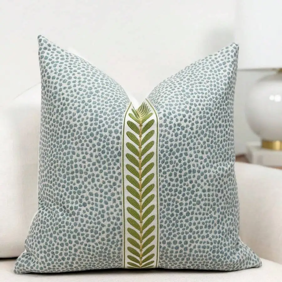 Mist Blue Dotted Throw Pillow Cover Modern Mist Blue Pillow Cover With Decorative Tape Detail Designer Blue Accent Pillow Cover