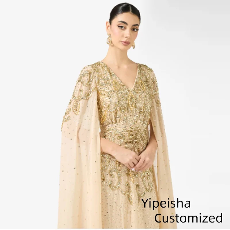 Maßgeschneiderte Luxus-Abendkleider mit V-Ausschnitt und Kristallen, Chiffon-Pailletten mit Cape-Ärmeln, formelles Abendkleid, knöchellanges Kleid
