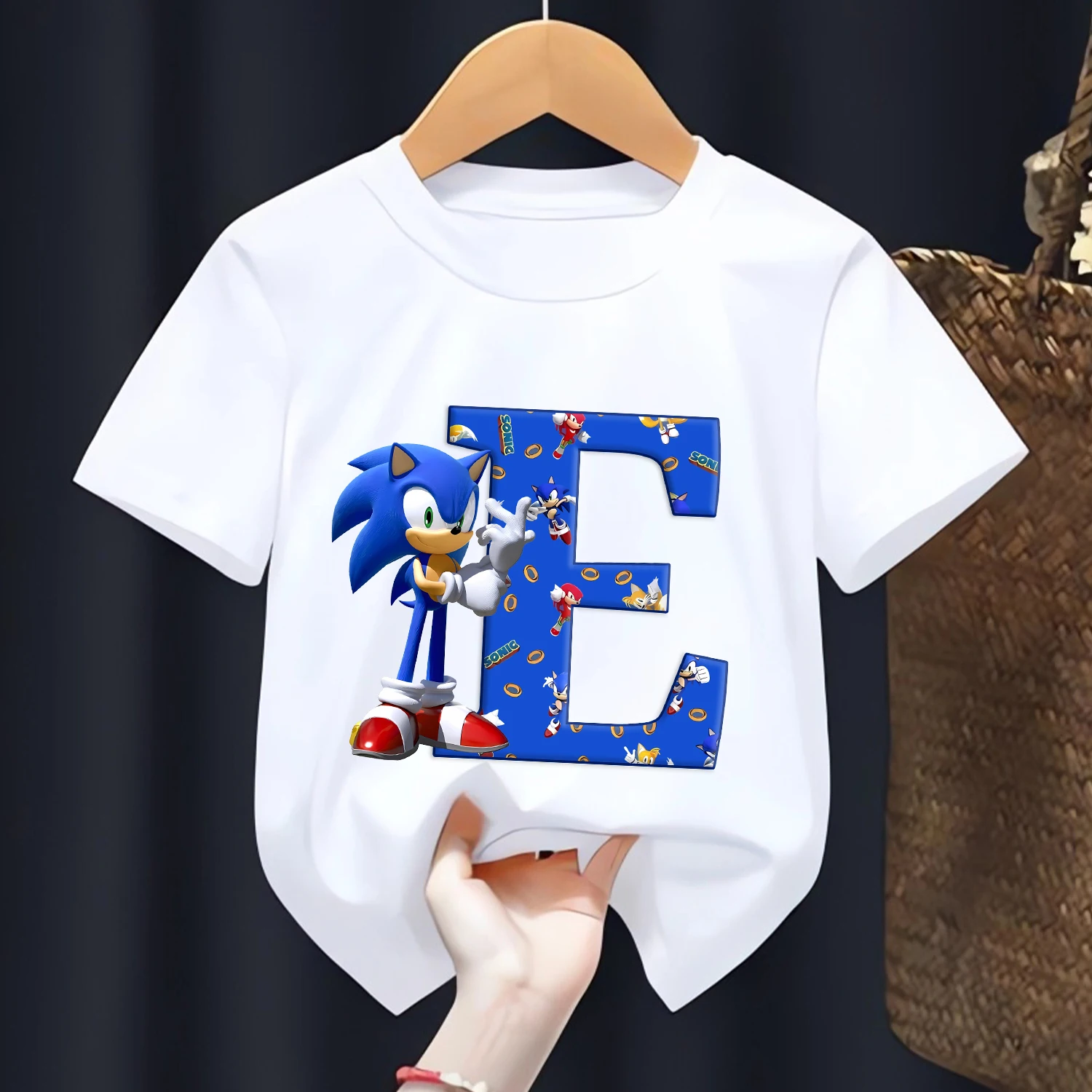 Sonic T-shirt dla dzieci Litery A-Z Tee Top Cartoon Boys Odzież Moda Biały Krótki rękaw Dzieci Anime Luźna Odzież Prezent