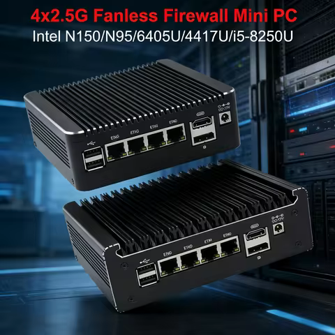 Solid Firewall Fanless Mini PC, Intel i5-8250U N150 N95 Pentium 6405U 4417U, 4x2.5G LANs, NVMe DDR4 pfSense OPNsense Home Server
