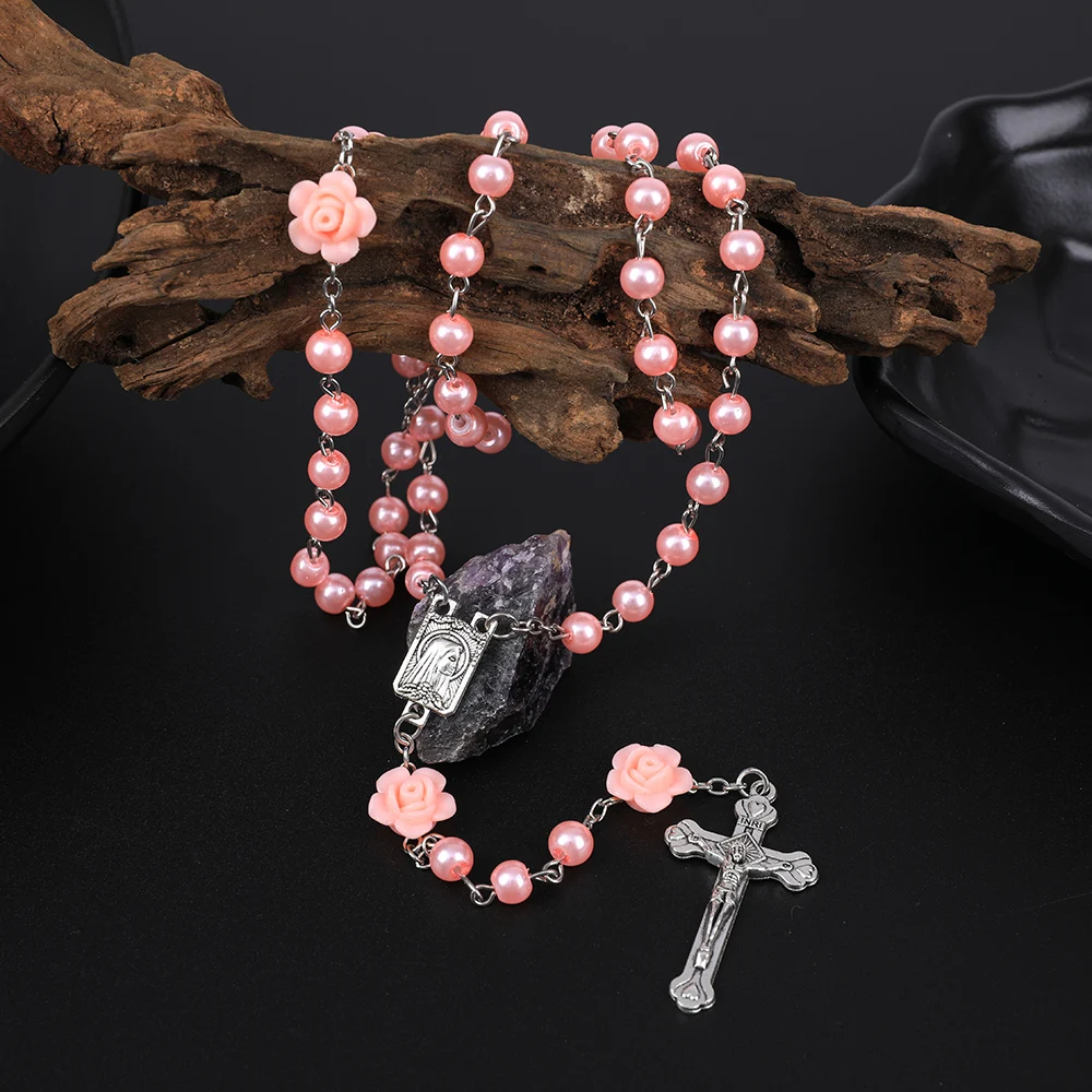 Religion Rosary Necklace For Women 6MM Imitation Pearl Long Chain Virgin Mary Jesus Cross Pendant Men Christian Prayer Jewelry