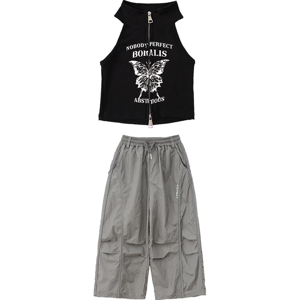 

Kid Kpop Hip Hop Clothing Black Butterfly Zip Up Crop Tank Top Gray Casual Wide Leg Pants for Girl Jazz Dance Costume Clothes