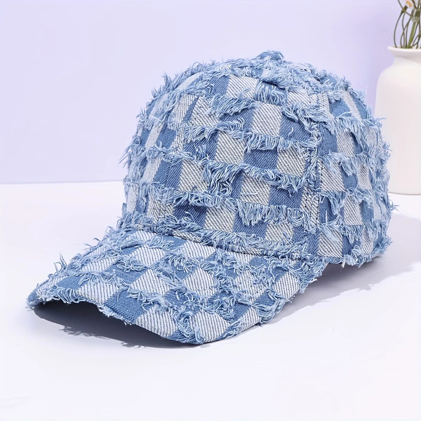 Men's Neutral-colored Plaid Baseball Cap with Frayed Brim Adjustable Street Style Hat Suitable for Outdoor Party Music Festivals