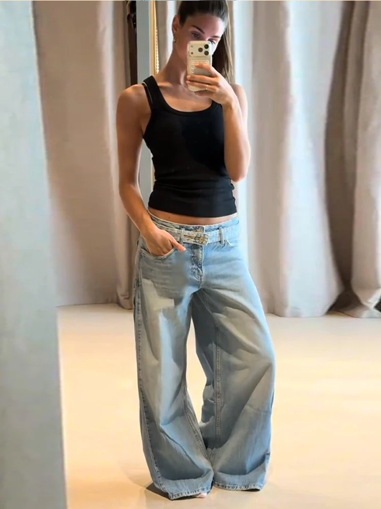 Fashion Women Jeans Summer Belt Pockets Zipper Wide Leg Pant All-match Loose Casual Female Streetwear 2026 Commute