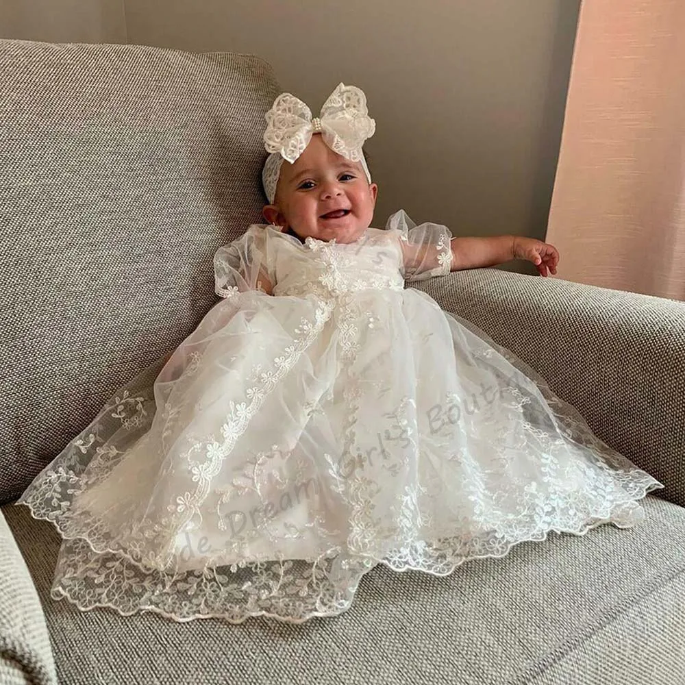 

Newborns Christening Dress Ivory 2 Piece Lace Baptism Dress Bonnet Set Short Sleeve 0-24M Infants Birthday Party Ball Gown