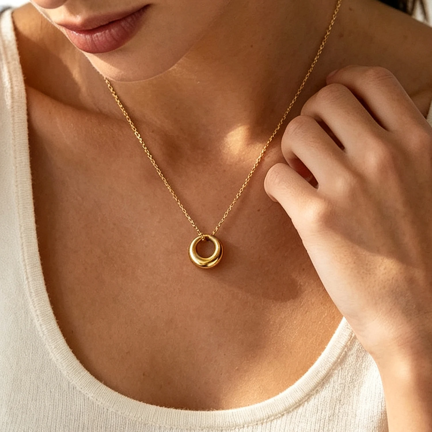 Retro Minimalist Circle Pendant Necklace for Men Women 18K Gold Plated Stainless Steel Smooth Hollow Ring Tarnish Resistant Dail