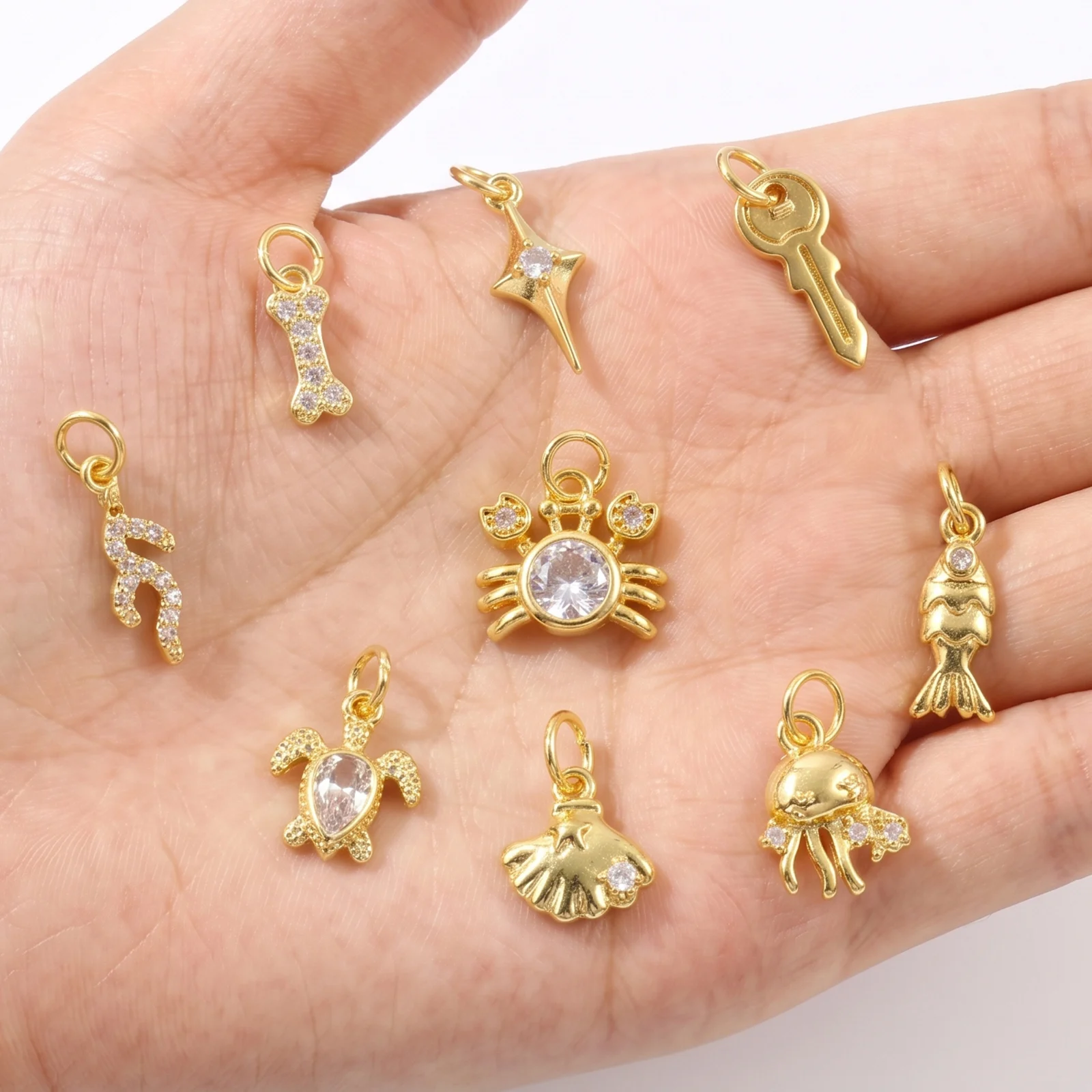 2pcs Ocean Jewelry Turtle Fish Crabs Star Key Charms 18K Gold Plated Brass Pendants For DIY Necklace Jewelry Making Wholesale