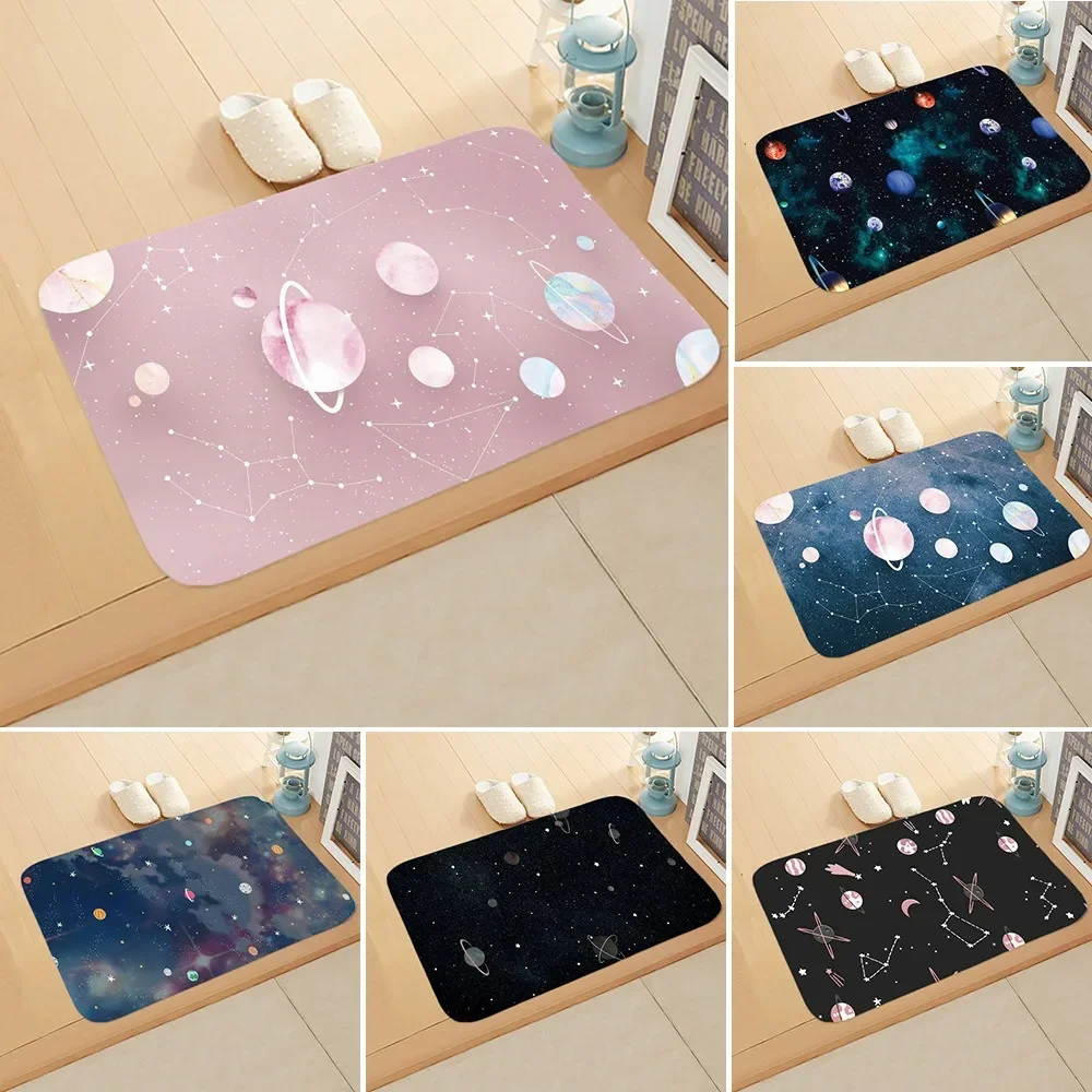 Cosmic Planet Flannel Doormats, Galaxy Constellation Designs, Colorful Celestial Patterns NonSlip Floor Mats for Home Decor