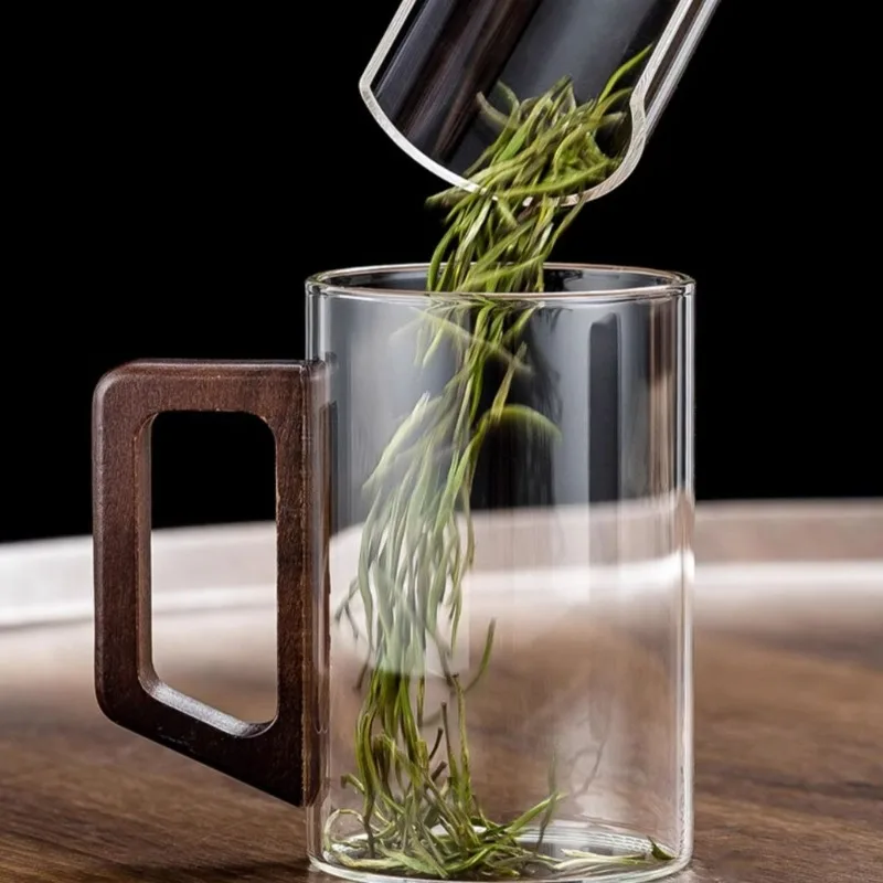 High‑borosilicate Glass Cup With Walnut Wood Handle Heat‑resistant Single Layer Tea Mug Modern Simple Home Water Cup