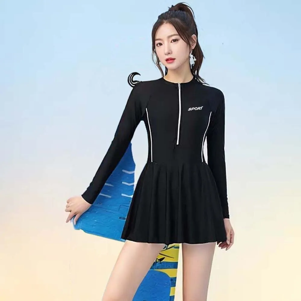 

3pcs Beachwear Long Sleeve Swimsuit Sun Protection Underwater Clothings Swim Dress with Pants Solid Color Quick-Dry