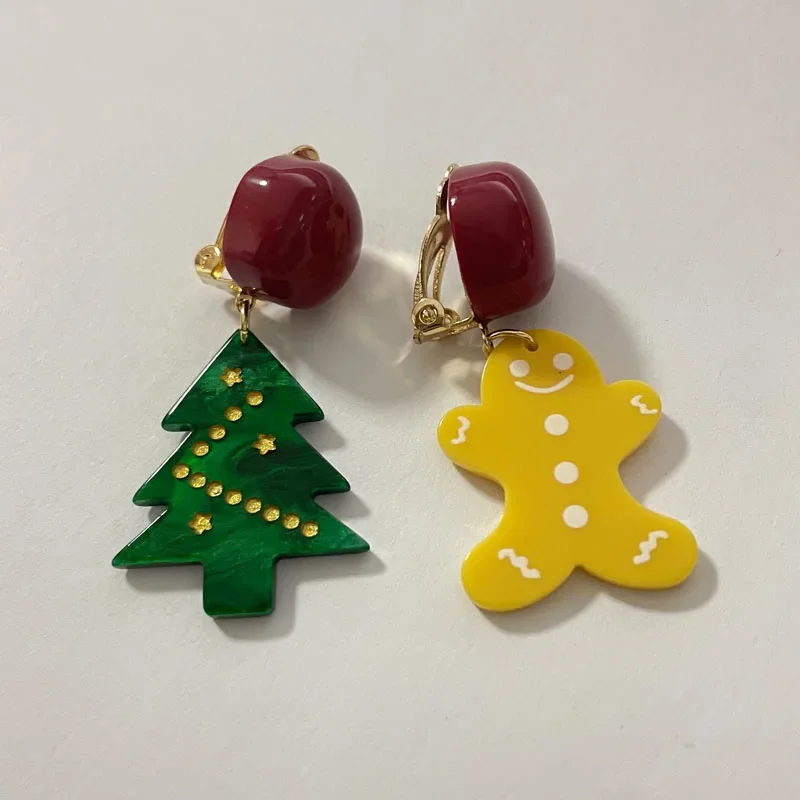 Autumn and Winter Gingerbread Man Ear Clips Asymmetrical Cute Christmas Tree Clip on Earrings No Ear Piercings for Women Girls