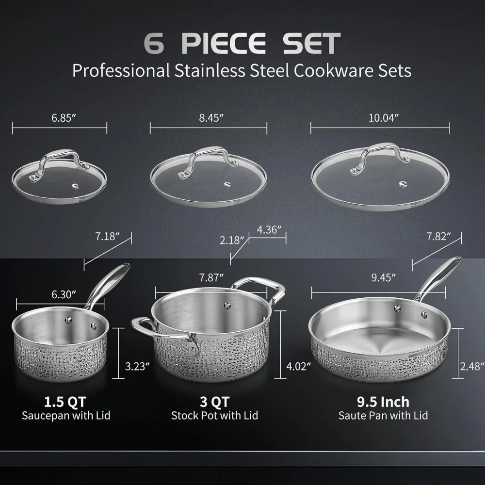 Stainless Steel Hammered Pots and Pans Set with Glass Lid, 6pcs Cookware Set, Kitchen Induction Cooking Pot and Pan Set