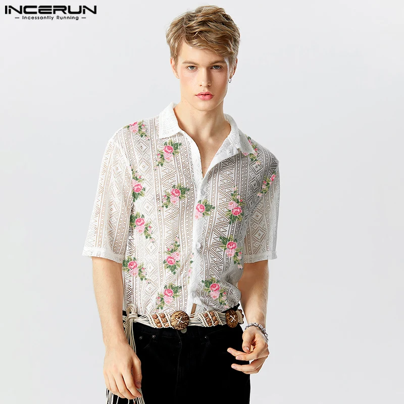 2024 Men Shirt Mesh Transparent Flower Printing Lapel Short Sleeve Summer Men Clothing Streetwear Fashion Casual Shirts INCERUN