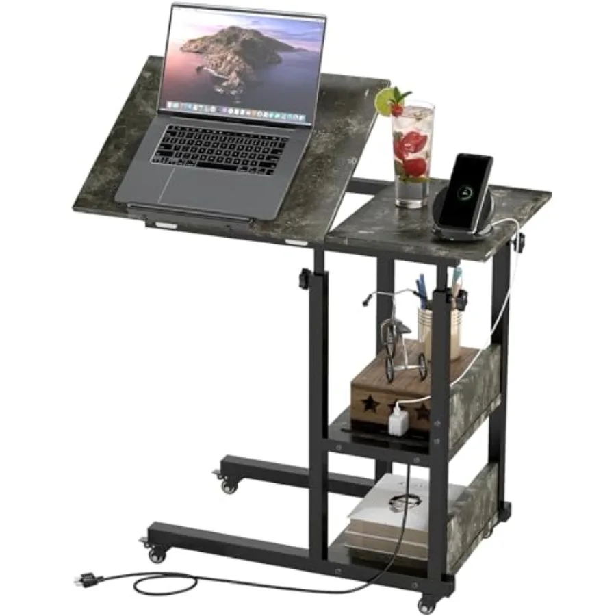

Adjustable C Table with Charging Station for Living Room and Bedroom, Marble Grey Metal and Wood, Tiltable and Height-Adjustabl