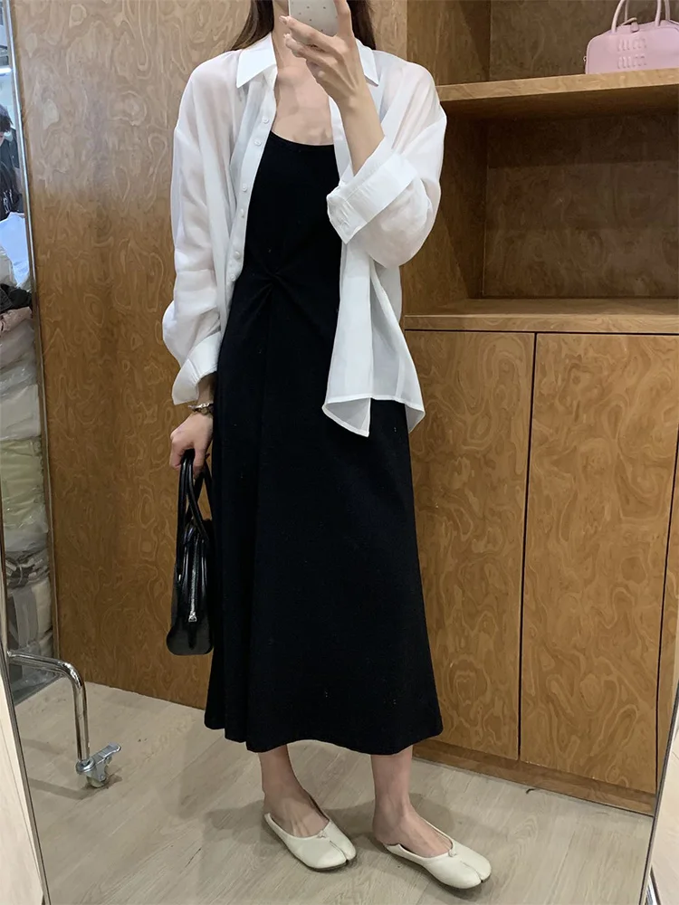 Loose Slimming High-End Feel Back Button Slit Sun Protection Shirt Strap Dress Two-Piece Set Fashionable Women's Ensemble