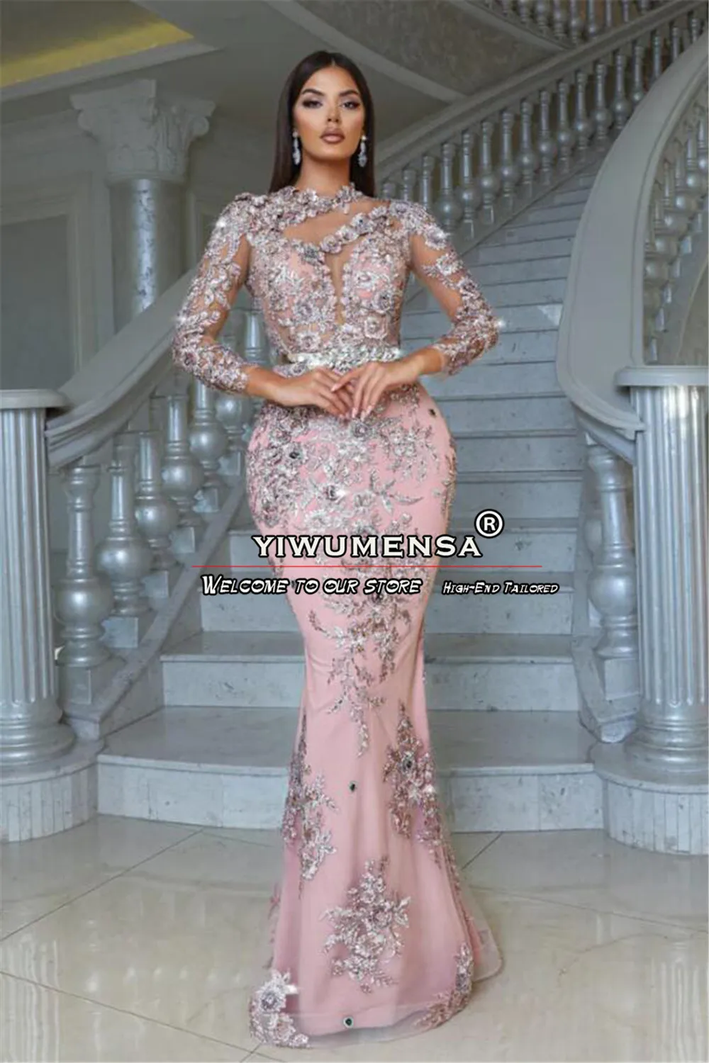 Rose Elegant Beaded Mermaid Prom Dress With Overskirt 2 In 1 Glitter Sequins Appliques Full Sleeves Evening Party Gowns Custom