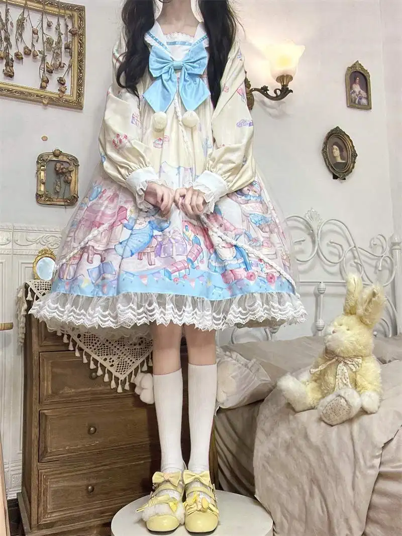 Donne Casual manica lunga Lolita Kawaii vestito fiocco orso pizzo blu abiti da principessa giapponese francese cameriera uniforme partito Prom Costume