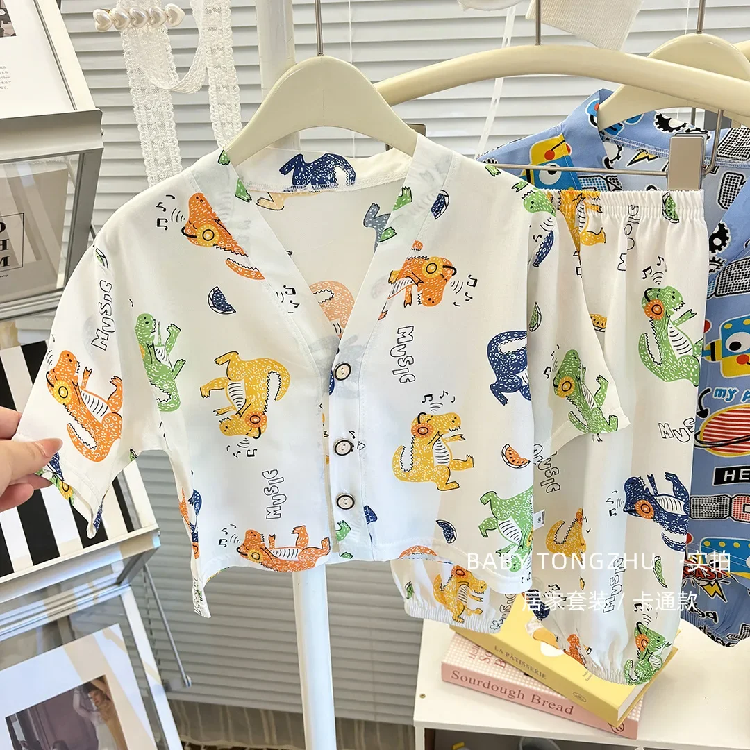 New Kids Summer Thin Pajamas Comfortable Sleepwear Baby Boys Girls Cartoon Print V-neck Pyjamas Leisure Homewear Clothing Sets