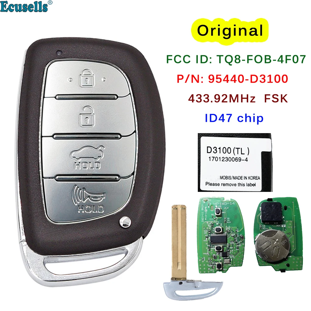 

4 Button Smart Remote Key Fob 433.92MHz ID47 Chip For Hyundai Tucson 2016 2017 PN 95440-D3100 FCC ID: TQ8-FOB-4F07