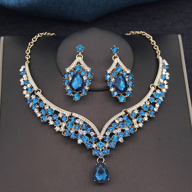 Fahion necklace set for women rhinestone crystal waterdrop choker necklace earrings sets wedding bridal Jewelry set