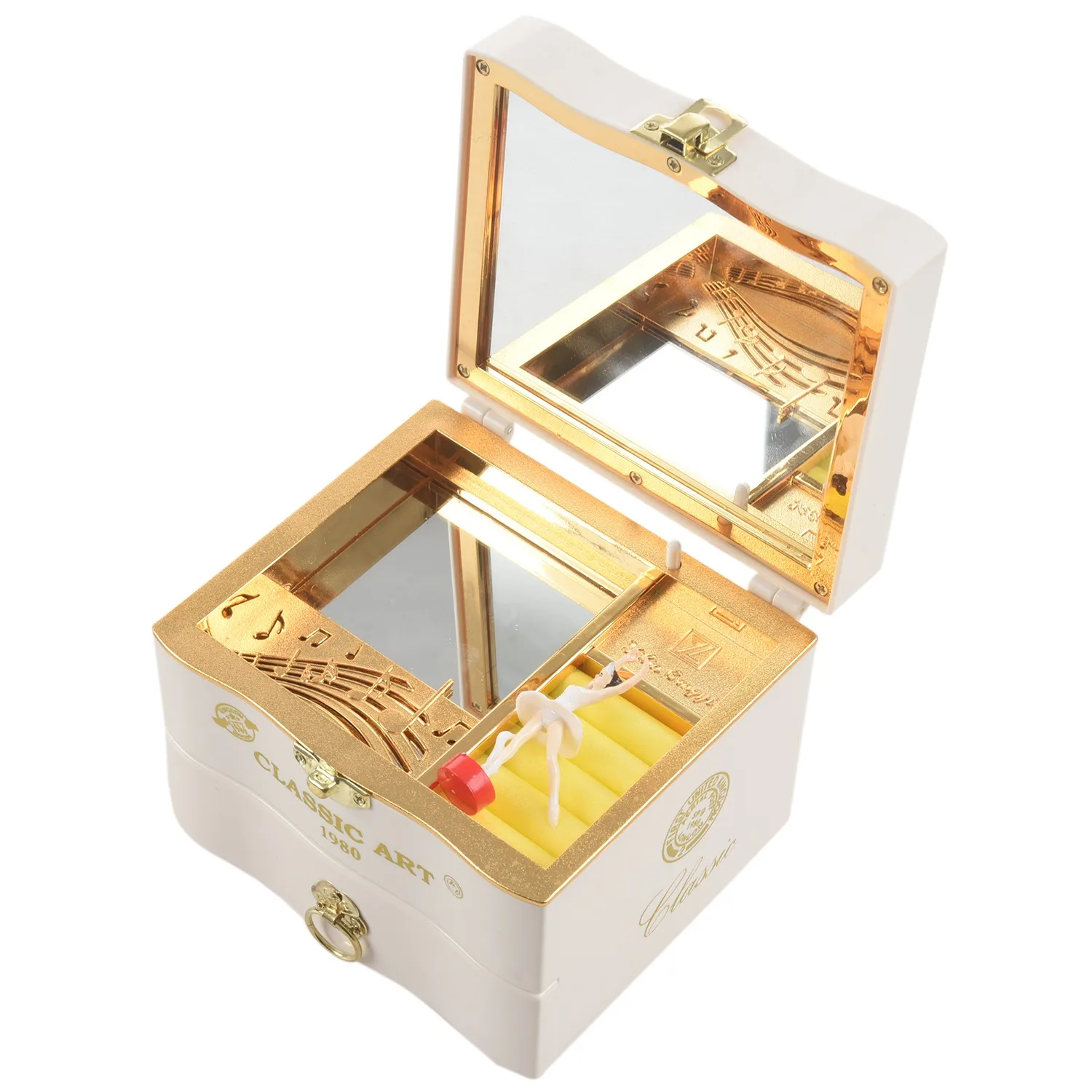 ABQR Классическая вращающаяся танцорная музыкальная шкатулка для фортепиано Заводная пластиковая шкатулка для драгоценностей для девочек Ручная рукоятка Музыкальный механизм Белый