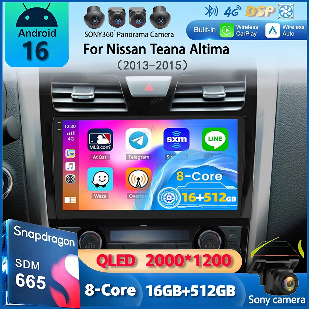 Radio para Auto con Android 16 y Carplay para Nissan Teana Altima 2013 2014 2015, Reproductor Multimedia GPS con Video, DSP Estéreo, Cámara 360, Unidad Principal