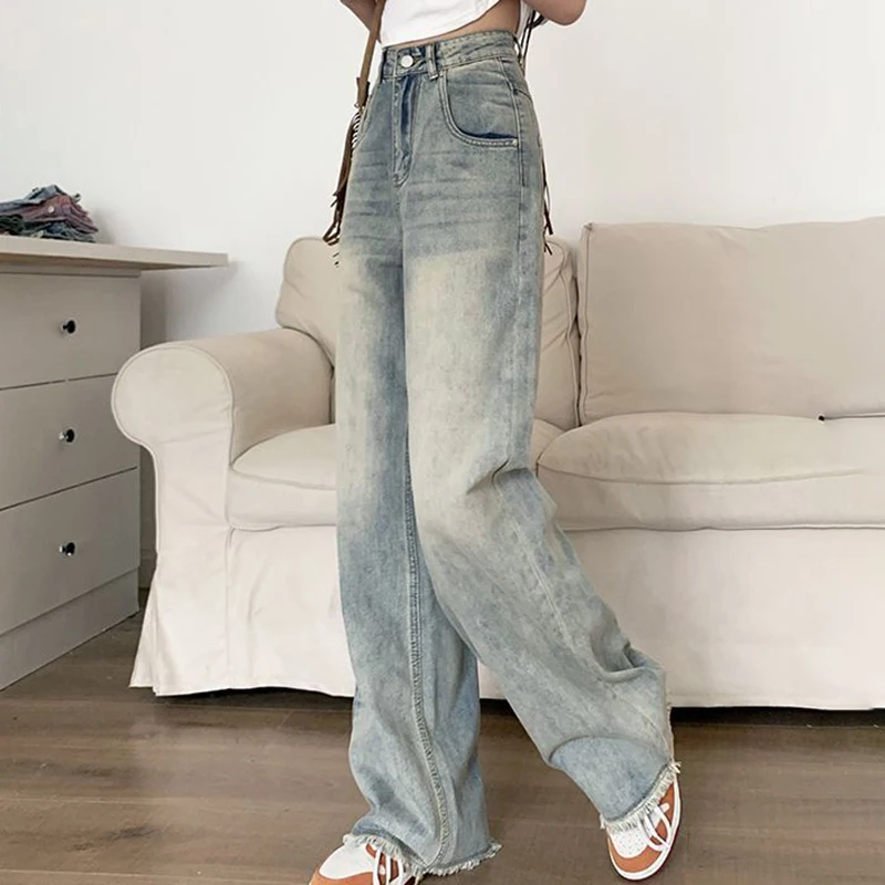 Pantalones vaqueros de pierna ancha de otoño, nuevos pantalones largos para mujer, pantalones de pierna recta Retro, pantalones vaqueros informales versátiles de cintura alta