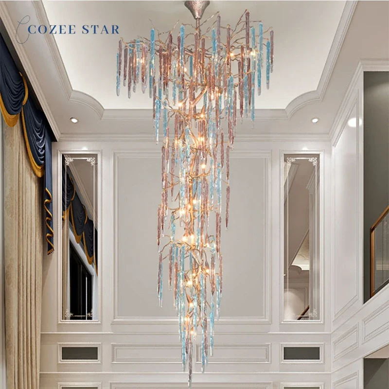 

Luxury LED Chandeliers Lighting Modern Copper Colorful Glass Brass Lamps Lustre Living Room Hotel Staircase Villa Indoor Lights