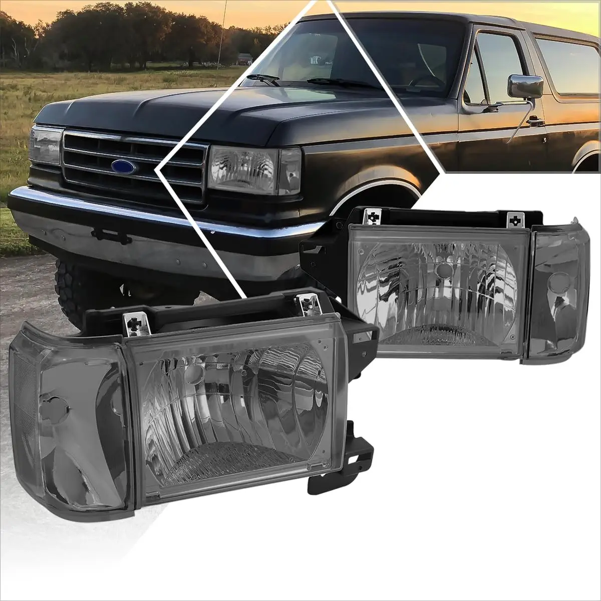 

Headlights Assembly Compatible with 87-91 Ford F150/F250/F350/Bronco 2Pcs Headlamps with Chrome Housing Smoked Lens Clear Corner