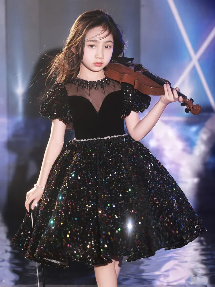 Black evening dress girls high-end princess dress children recitation host violin piano playing table costume