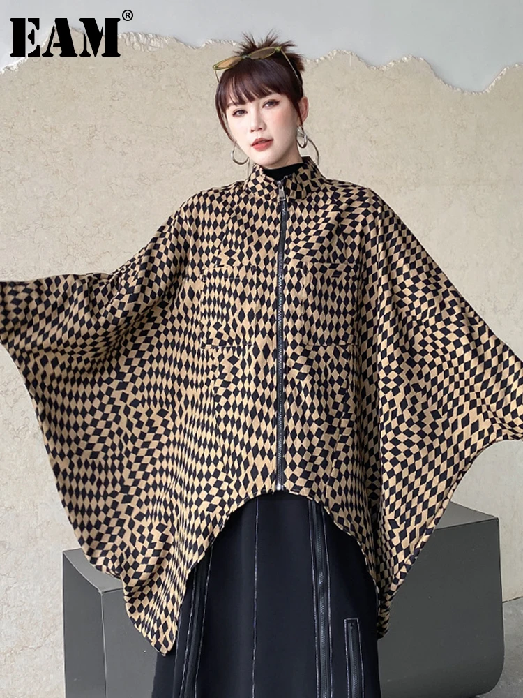 [EAM] Khaki Plaid Irregular Back Drawstring Big Size Jacket New Stand Collar Women Coat Fashion Tide Spring Autumn 2024 1DF2764