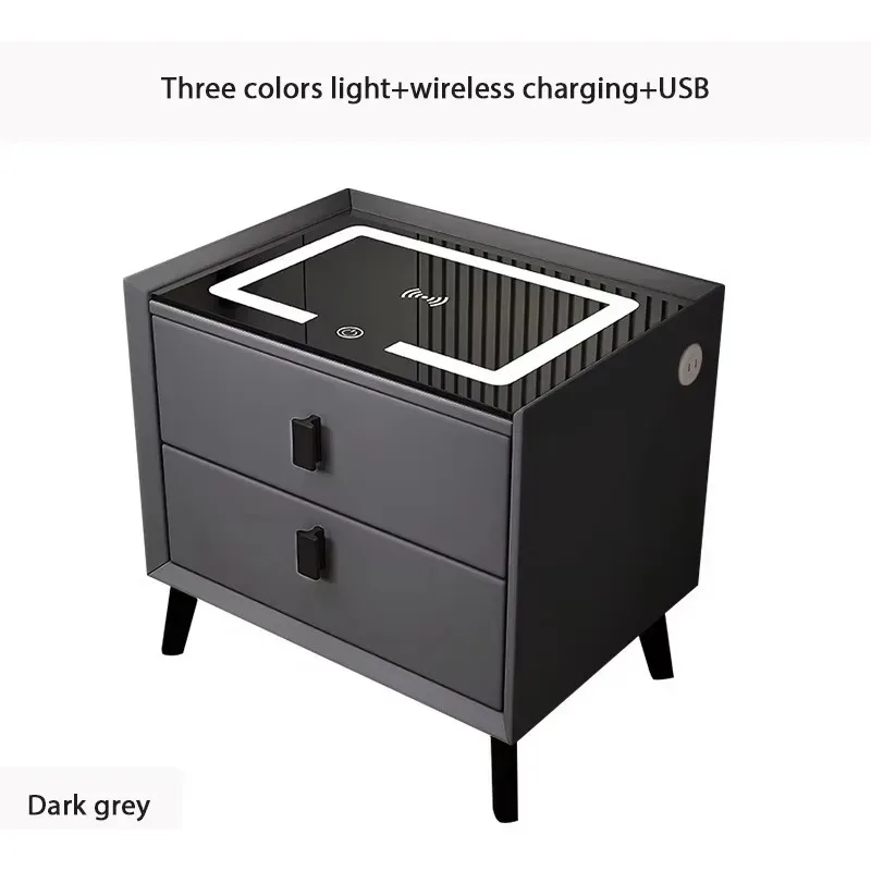 Modern Multifunctional Smart Nightstand MDF Bedside Table LED Light Wireless Charging USB Charging Fingerprint Lock