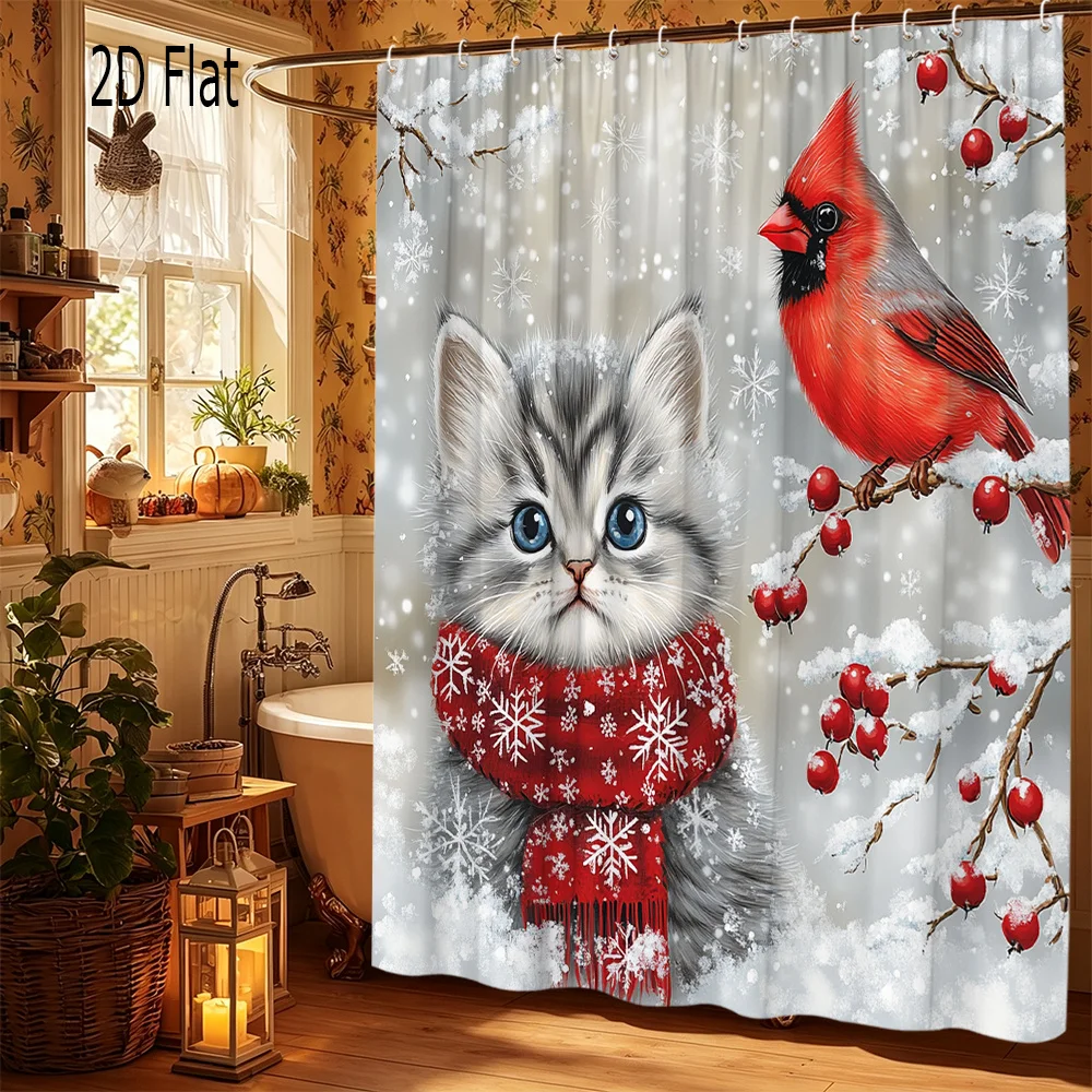1pc 2D Flat Shower Curtain, Gray Kitten Red Scarf Cardinal Bird Snow Berry Branch Printed Shower Curtain, Decor for Bathroom