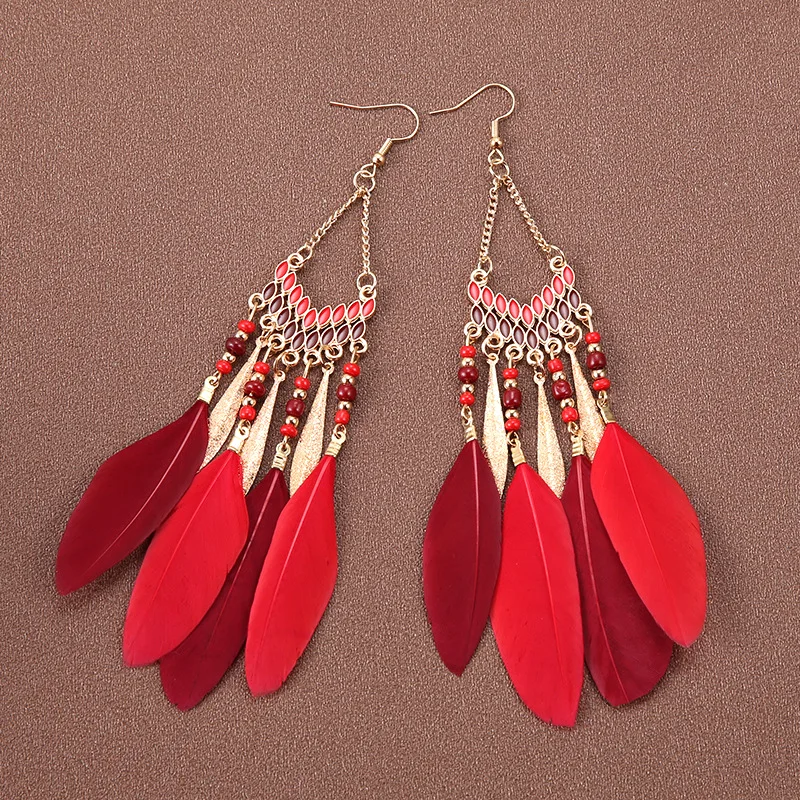 Bohemian Ethnische Lange Feder Ohrringe Boho Wasser Tropfen Gold Farbe Kette Quaste Ohrringe für Frauen Braut Hochzeit Schmuck – Detail 37