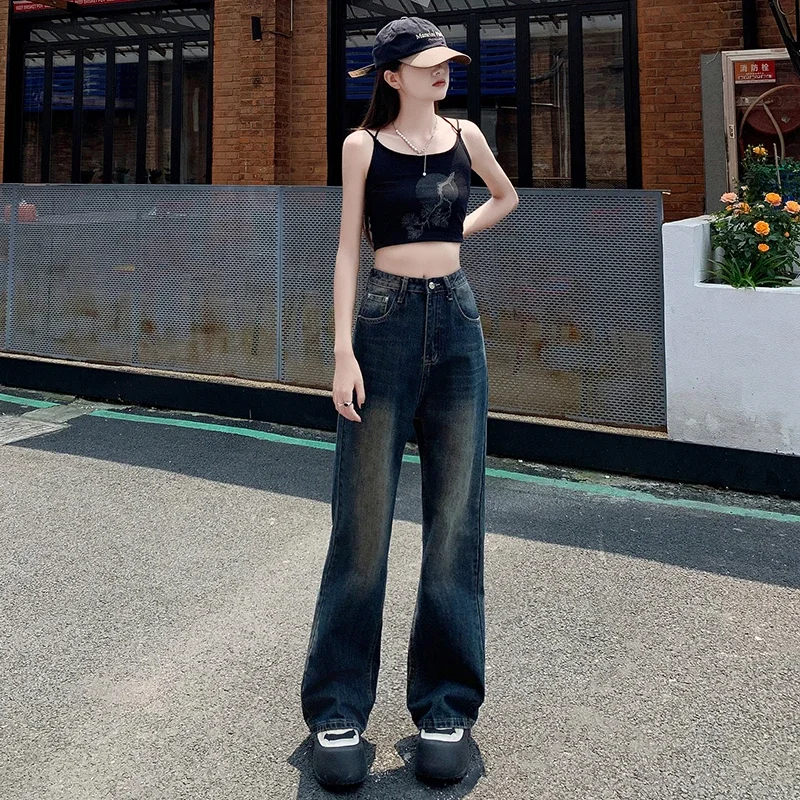 

Comfortable Womens Jeans Skin Friendly Leisure Straight Tube Design High Waist Trousers American Street Style Black Gray