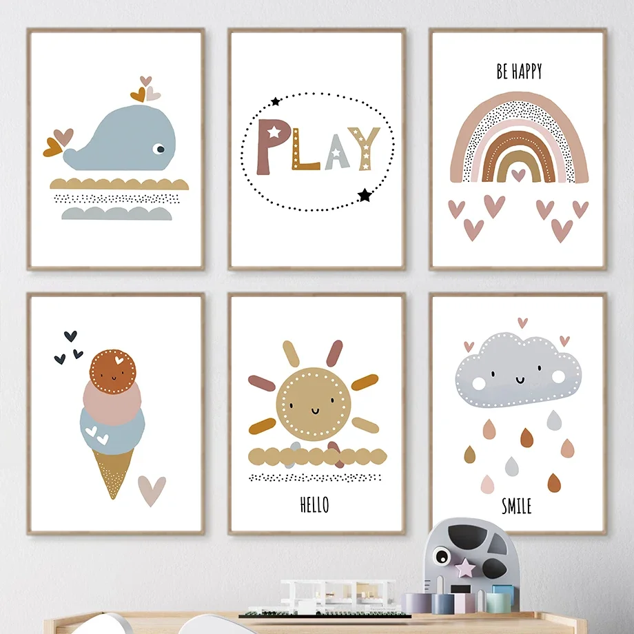 

Whale Rainbow Ice Cream Sun Play Quotes Wall Art Canvas Painting Nordic Posters And Prints Cartoon Wall Pictures Kids Room Decor