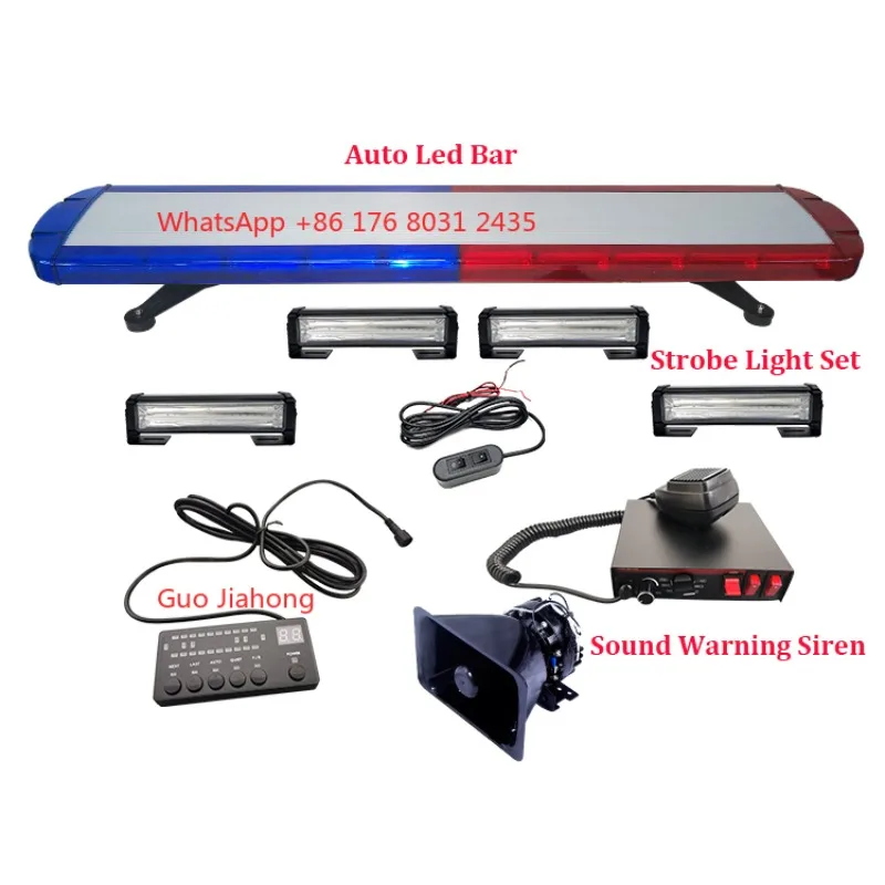 Multi-Function Red Blue LED Light Bar with Strobe Light Set& Siren Horn  12V/24V Emergency Kit