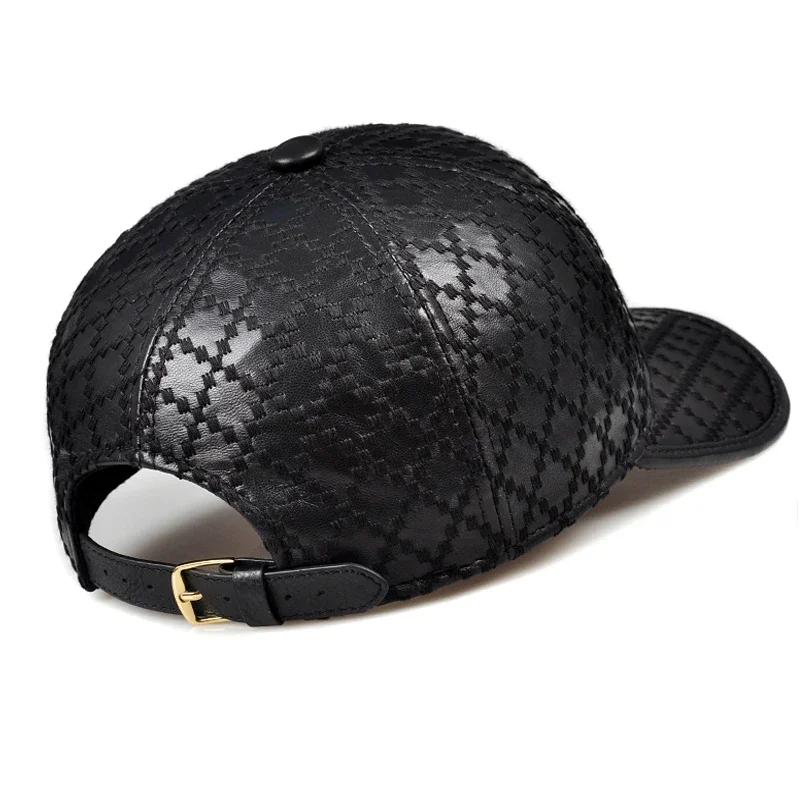 Unisex Genuine Leather Rhombus Check Embroidered Baseball Cap Women Retro Casual Peaked Hat men Fishing Trucker Gorras