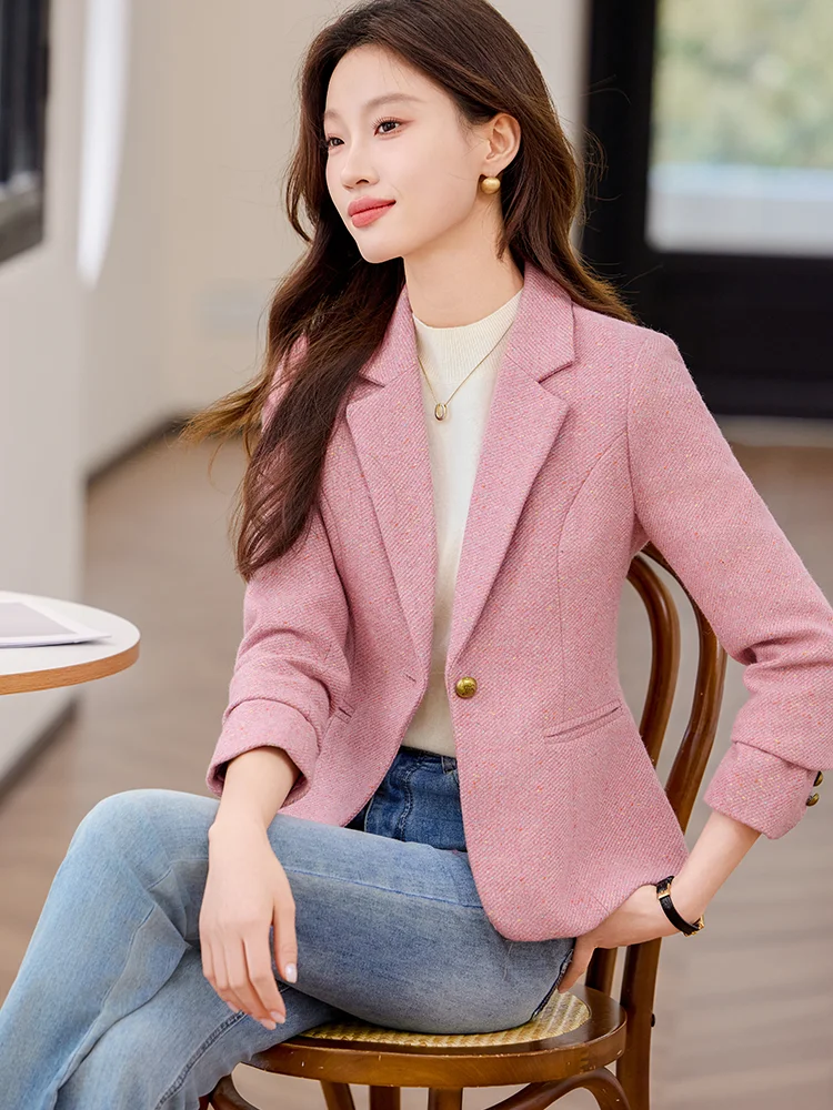 

Pink Suit Jacket Women's Spring Autumn 2026 New High-End Personality Slimming Casual Western Style Top Quality Wool Blend