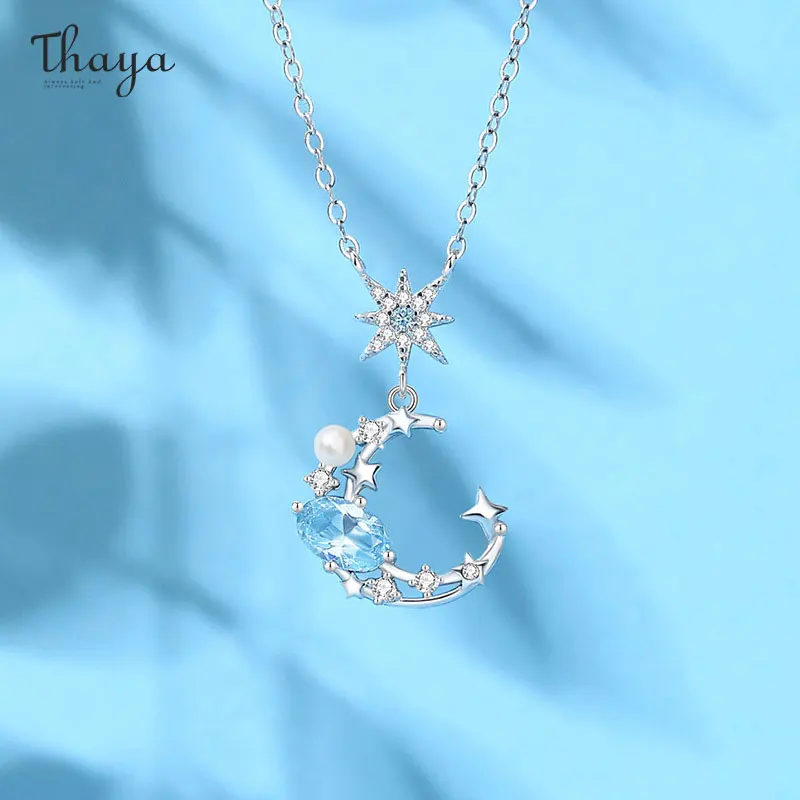 

Thaya Ladies Luxury Pearls Necklaces Pure S925 Silver Stars Moon Pendant Choker Crystal Collar for Women Party Fashion Jewelry