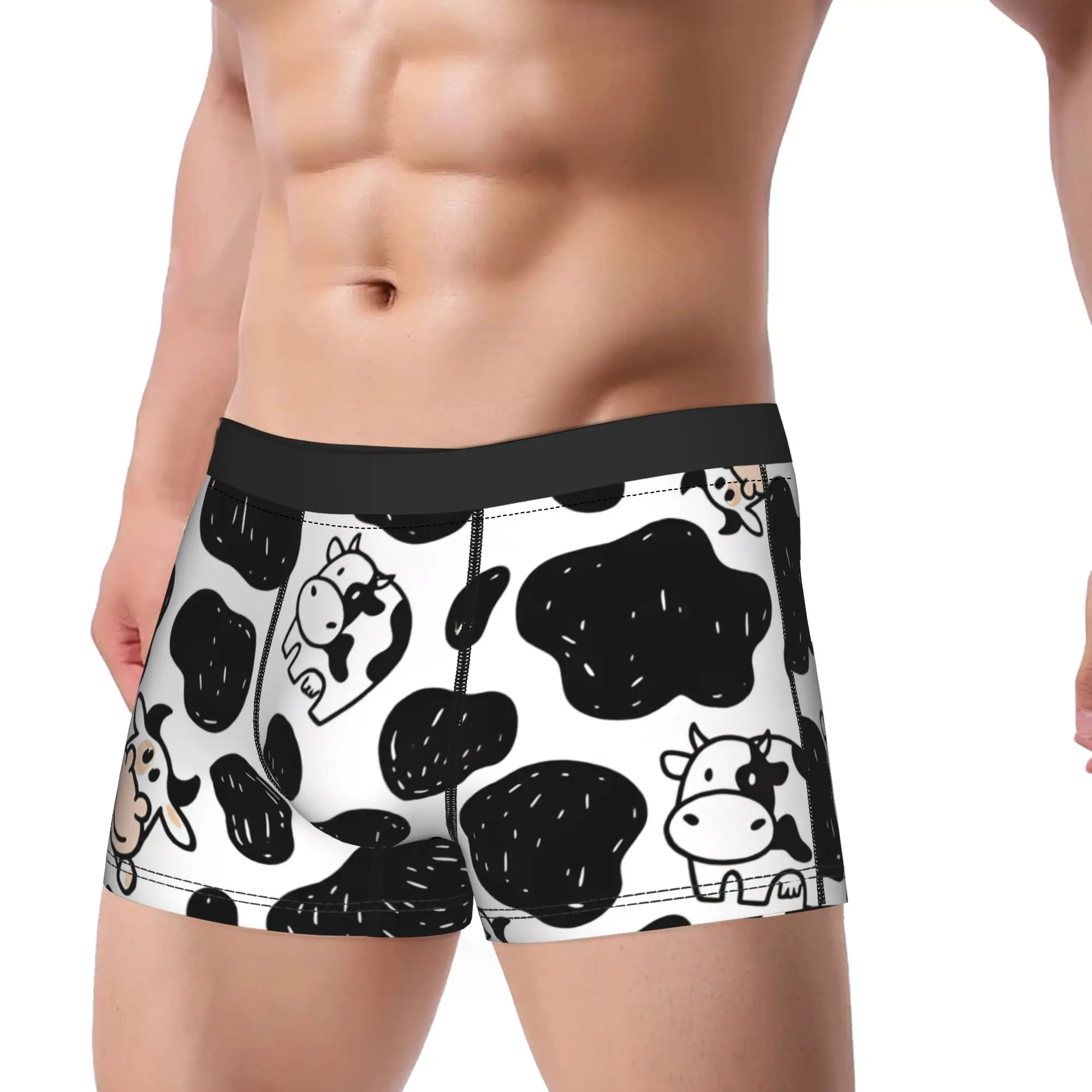 Simple Doodle Cartoon Cow And Cow Spot Shorts Briefs  Underwear Trenky Men Soft Trend Boxershorts Print Plus Size Underpants